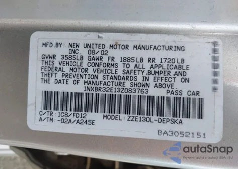 2003 Toyota Corolla S z USA, uszkodzony, nr VIN 1NXBR32E13Z083763